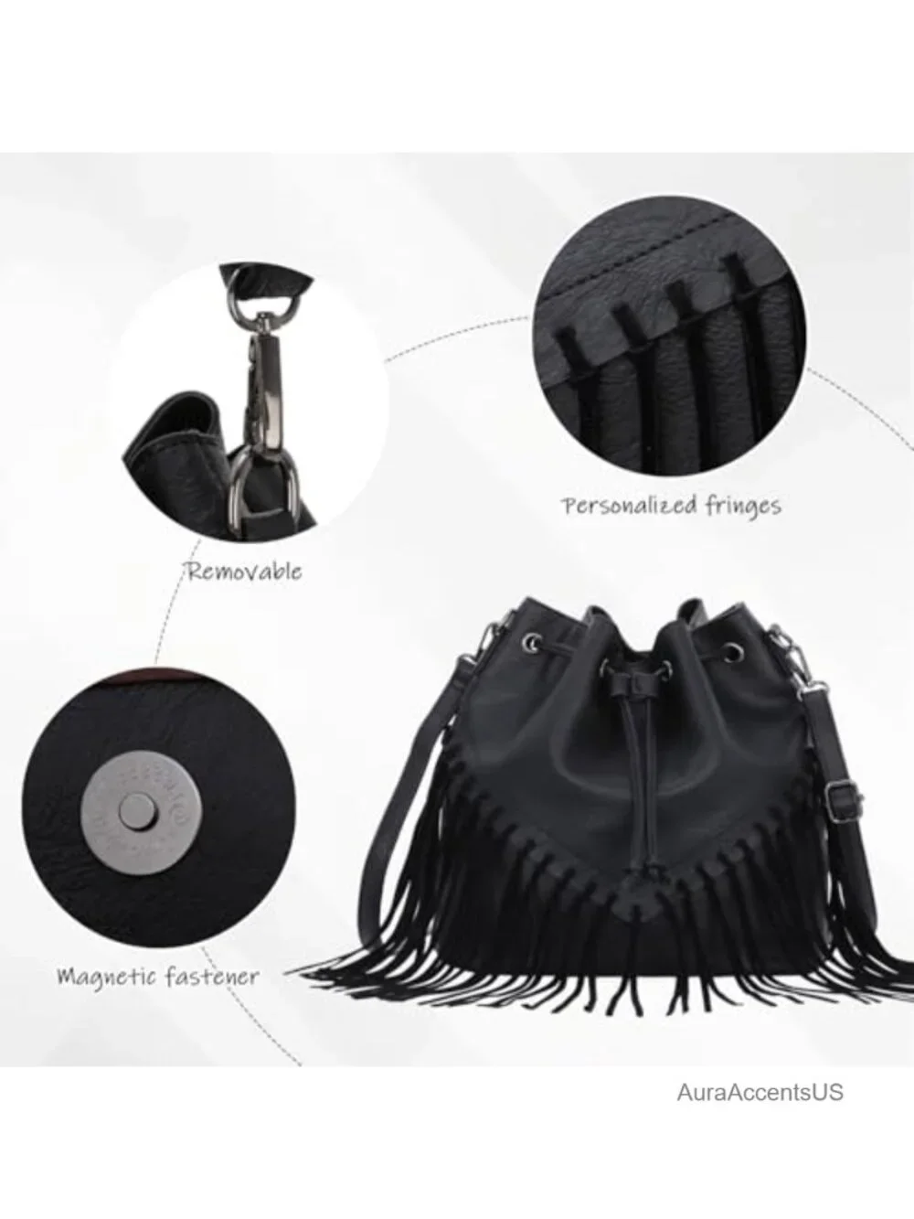 Fringe Bucket Bag Vegan Faux Suede Leather Crossbody Hobo Purse